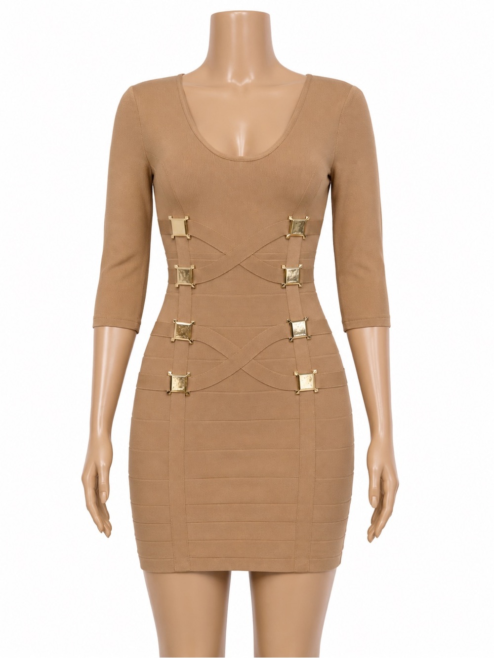 Tan Bandage Bodycon Dress with Gold Buckles